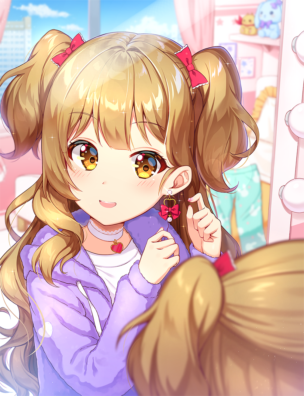 1girl bangs blush brown_eyes brown_hair choker day earrings eyebrows_visible_through_hair hands_up highres indoors jewelry long_hair long_sleeves looking_at_viewer nail_polish open_mouth original pine_(angel4195202) reflection solo two_side_up upper_teeth white_choker window