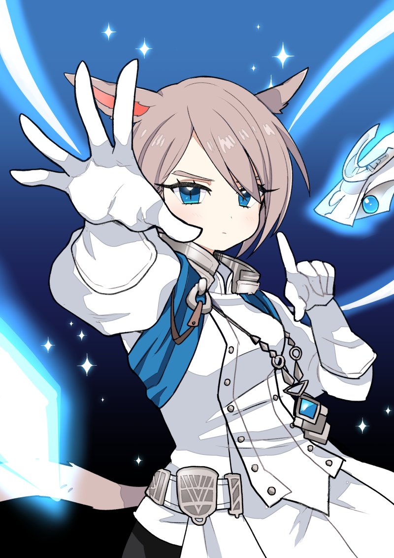 1girl animal_ears blue_eyes breasts buttons cat_ears cat_girl cat_tail closed_mouth eyebrows_behind_hair final_fantasy final_fantasy_xiv gloves gradient gradient_background grey_hair hand_up juliet_sleeves liricolilium long_sleeves miqo'te outstretched_arm puffy_sleeves sage_(final_fantasy) short_hair slit_pupils small_breasts solo sparkle tail white_gloves