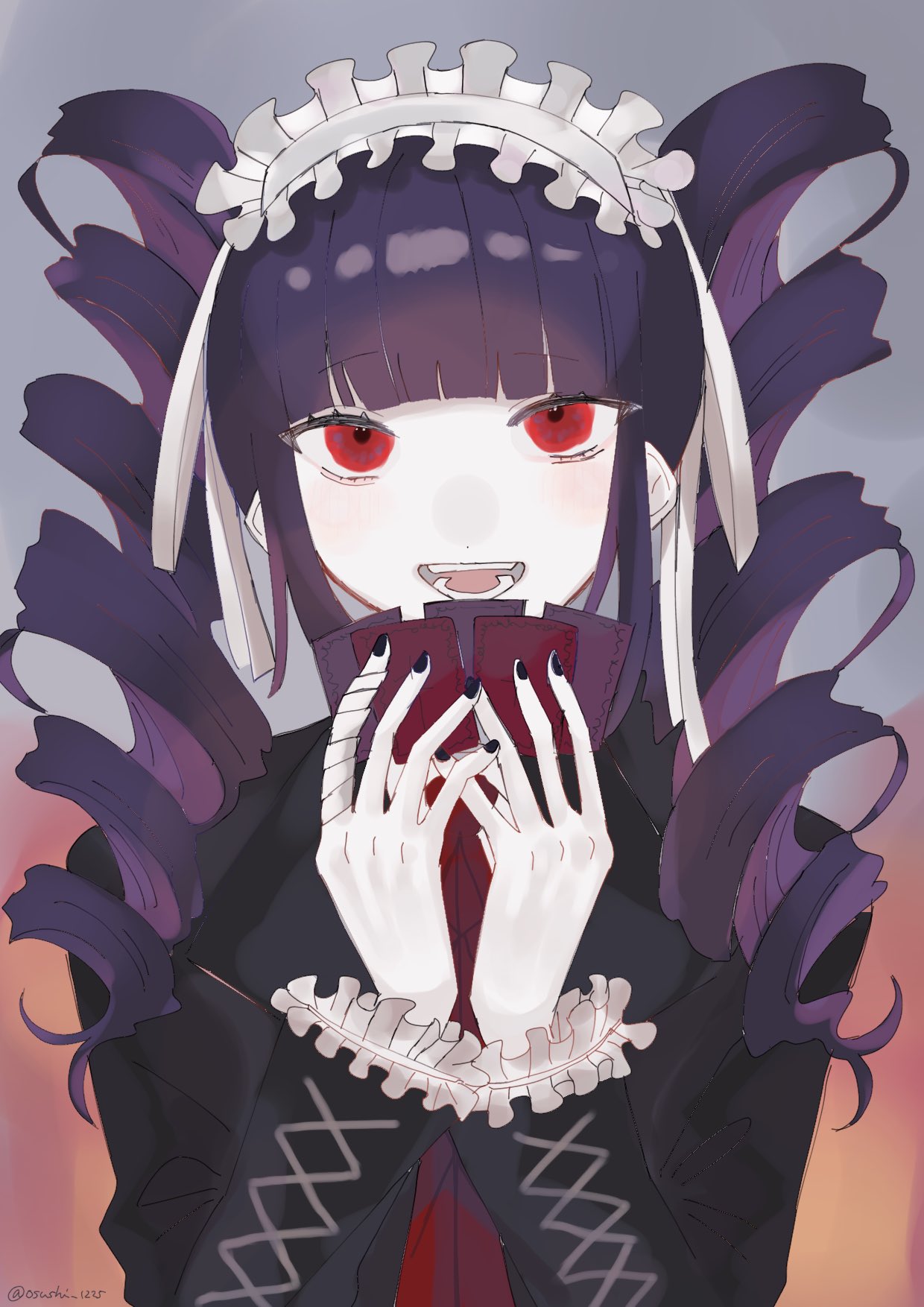 1girl :d bangs black_hair black_jacket black_nails blunt_bangs bonnet card celestia_ludenberg commentary_request dangan_ronpa:_trigger_happy_havoc dangan_ronpa_(series) drill_hair eyebrows_visible_through_hair fingernails frilled_sleeves frills gothic_lolita hairband hands_up highres holding holding_playing_card isu_(osushi_1225) jacket lolita_fashion lolita_hairband long_hair long_sleeves looking_at_viewer nail_polish open_mouth playing_card red_eyes simple_background smile solo teeth twin_drills twintails twitter_username upper_body