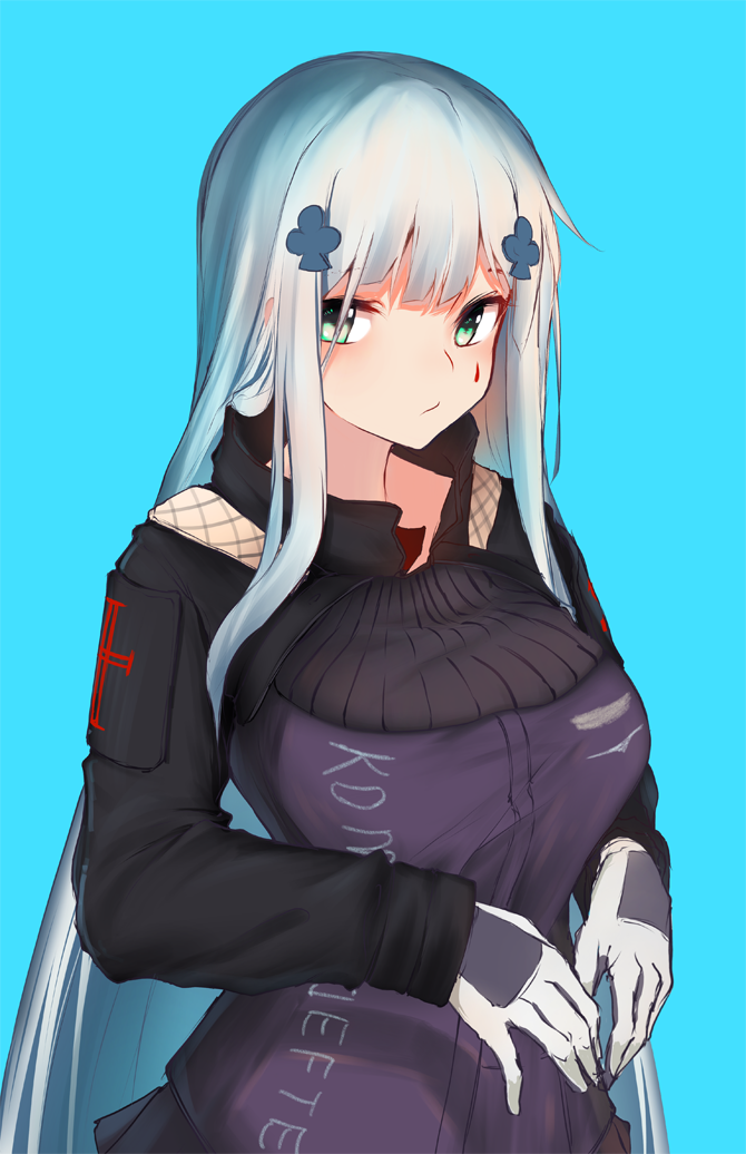 1girl bangs blue_background breasts facial_mark girls_frontline gloves green_eyes hair_ornament hk416_(girls_frontline) inniyik jacket large_breasts long_hair long_sleeves looking_at_viewer no_hat no_headwear silver_hair solo straight_hair