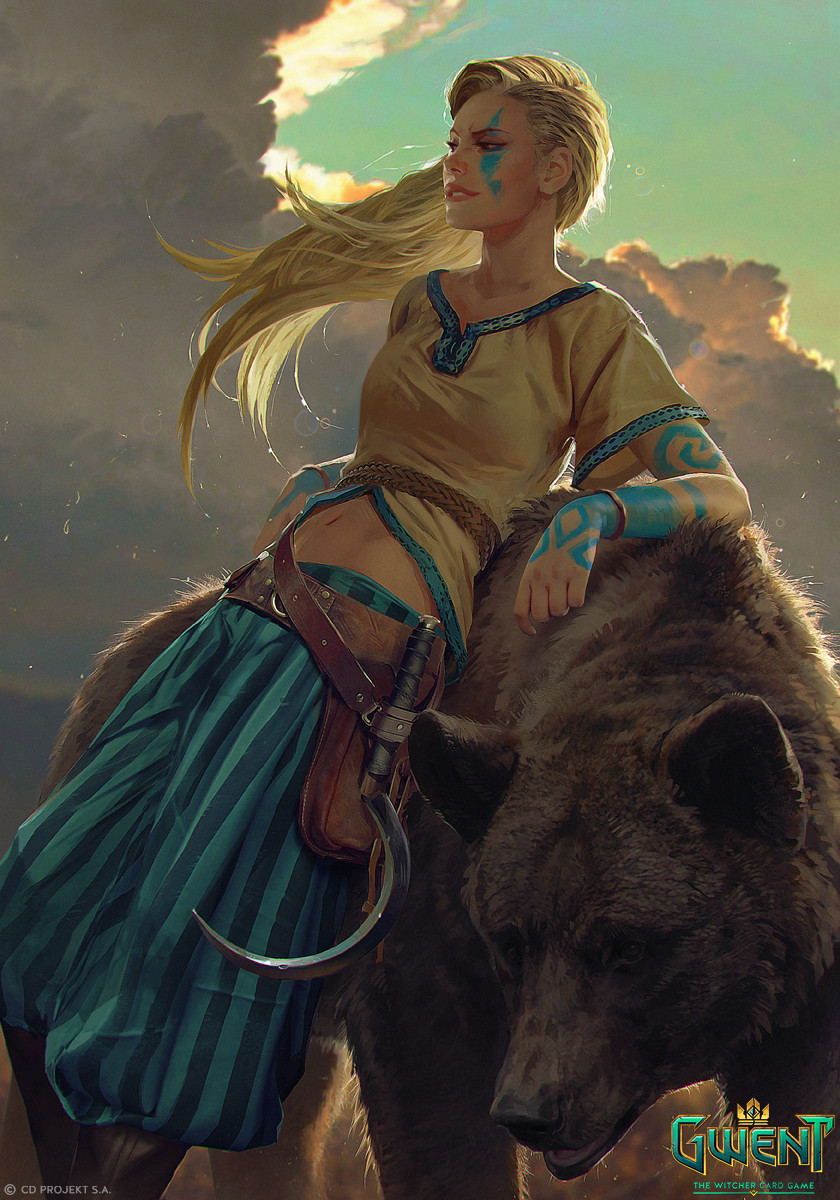 1girl akreon animal bear belt blonde_hair blue_pants blue_sky boots breasts brown_belt brown_footwear clouds collarbone collarless_shirt copyright_name cropped_shirt english_commentary facial_mark gedyneith_flaminica gwent_(game) highres leaning_back long_hair looking_away midriff navel official_art outdoors pants parted_lips shadow short_sleeves sickle sky smile solo standing stomach striped striped_pants sunlight the_witcher wind wristwear