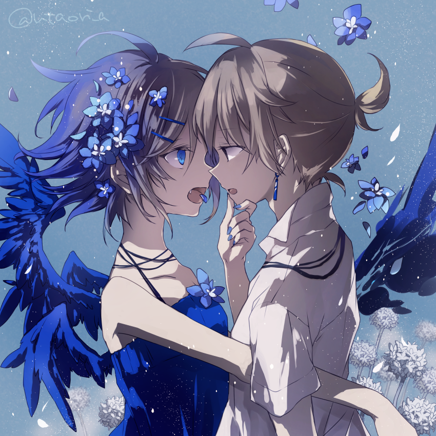 1boy 1girl ahoge bare_shoulders blonde_hair blue_background blue_dress blue_eyes blue_nails chin_grab dress earrings eye_contact face-to-face fang feathered_wings flat_chest flower hair_flower hair_ornament hairclip hand_on_another's_chin hydrangea jewelry kagamine_len kagamine_rin looking_at_another open_mouth petals shirt short_hair short_ponytail short_sleeves signature spaghetti_strap twitter_username utaori vocaloid white_shirt wings