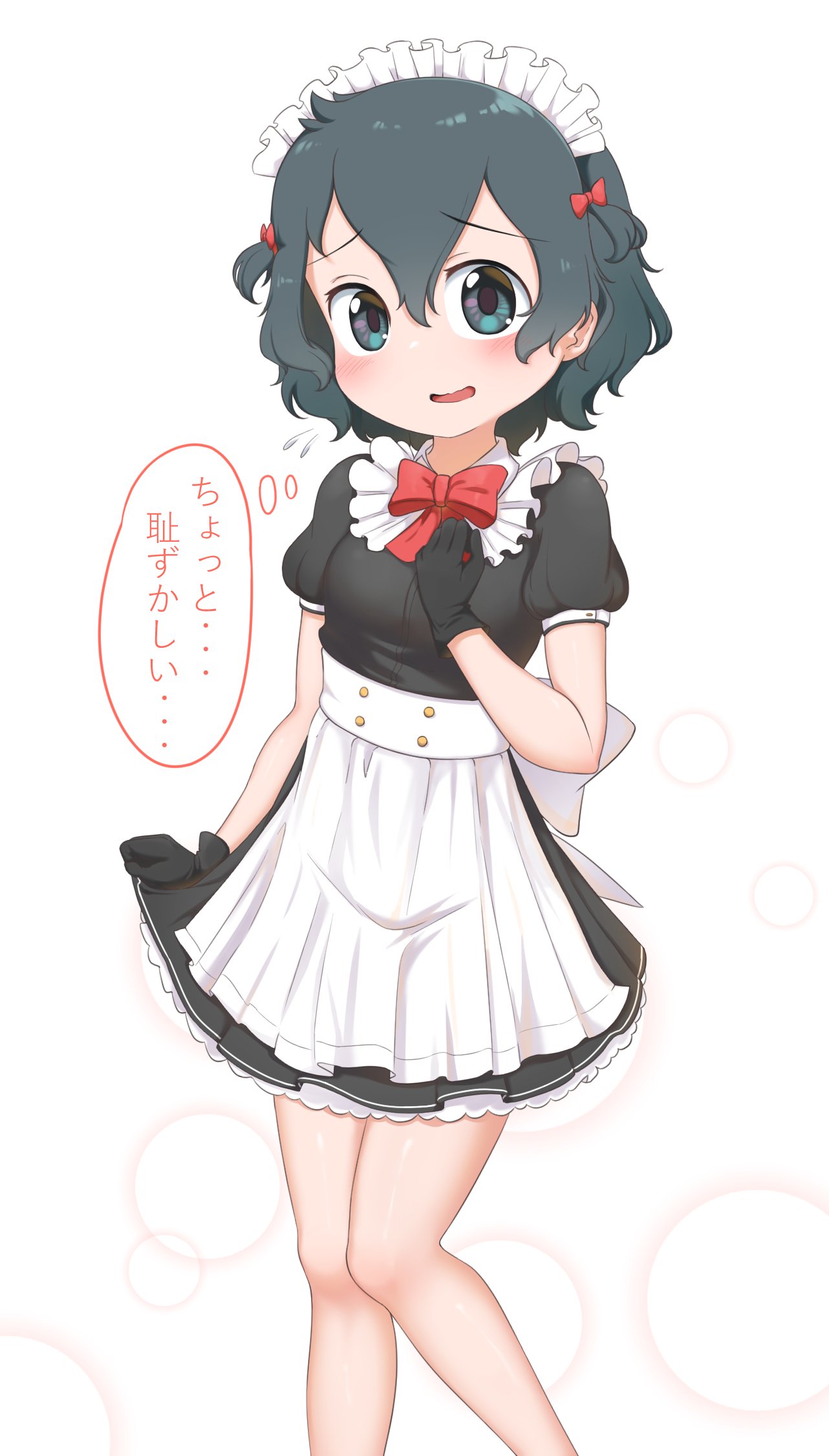 1girl alternate_costume apron back_bow black_dress black_gloves black_hair blue_eyes blush bow bowtie chis_(js60216) collar commentary_request dress enmaided eyebrows_visible_through_hair flying_sweatdrops frilled_collar frills gloves hair_bow highres kaban_(kemono_friends) kemono_friends looking_at_viewer maid maid_headdress puffy_short_sleeves puffy_sleeves red_bow red_neckwear short_dress short_hair short_sleeves short_twintails solo translation_request twintails white_apron