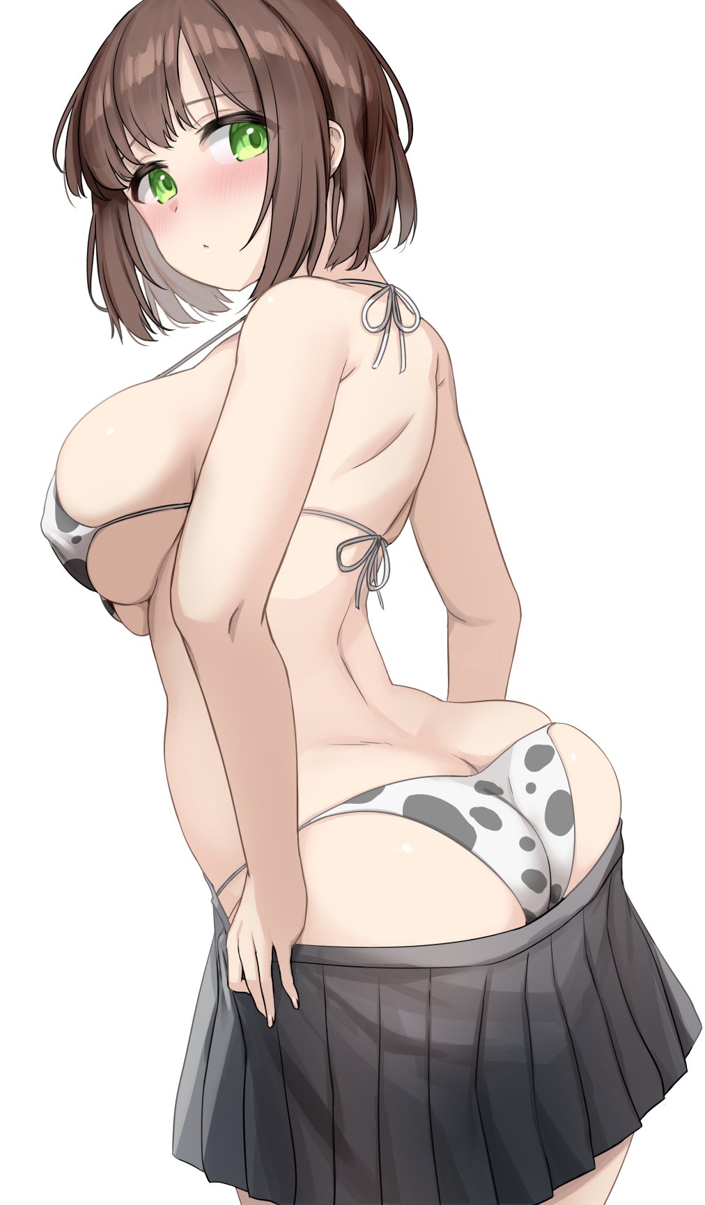 1girl animal_print ass bangs bikini blush breasts brown_hair commentary_request cow_print eyebrows green_eyes highres kibihimi large_breasts looking_at_viewer nose_blush original short_hair sideboob simple_background skindentation skirt skirt_pull solo swimsuit twisted_torso undressing white_background