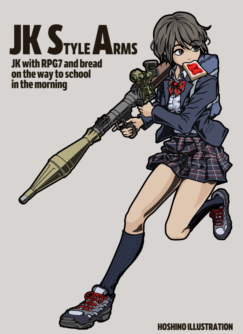 1girl bag black_hair black_legwear brown_eyes english_text food food_in_mouth full_body holding holding_weapon hoshino_tatsuya kneehighs mouth_hold original plaid plaid_skirt pleated_skirt rocket_launcher rpg rpg-7 school_bag school_uniform shoes short_hair simple_background skirt sneakers solo toast toast_in_mouth weapon