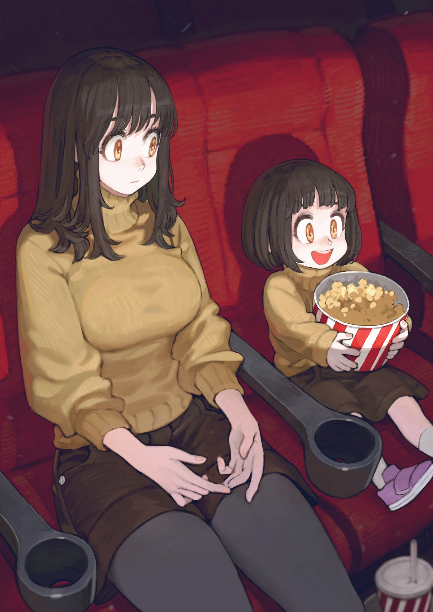 2girls black_hair black_legwear breasts brown_skirt bucket chair cup food highres jun_(seojh1029) long_hair long_sleeves medium_breasts medium_hair movie_theater multiple_girls open_mouth original pantyhose popcorn purple_footwear shadow shoes sitting skirt smile sweater yellow_eyes yellow_sweater