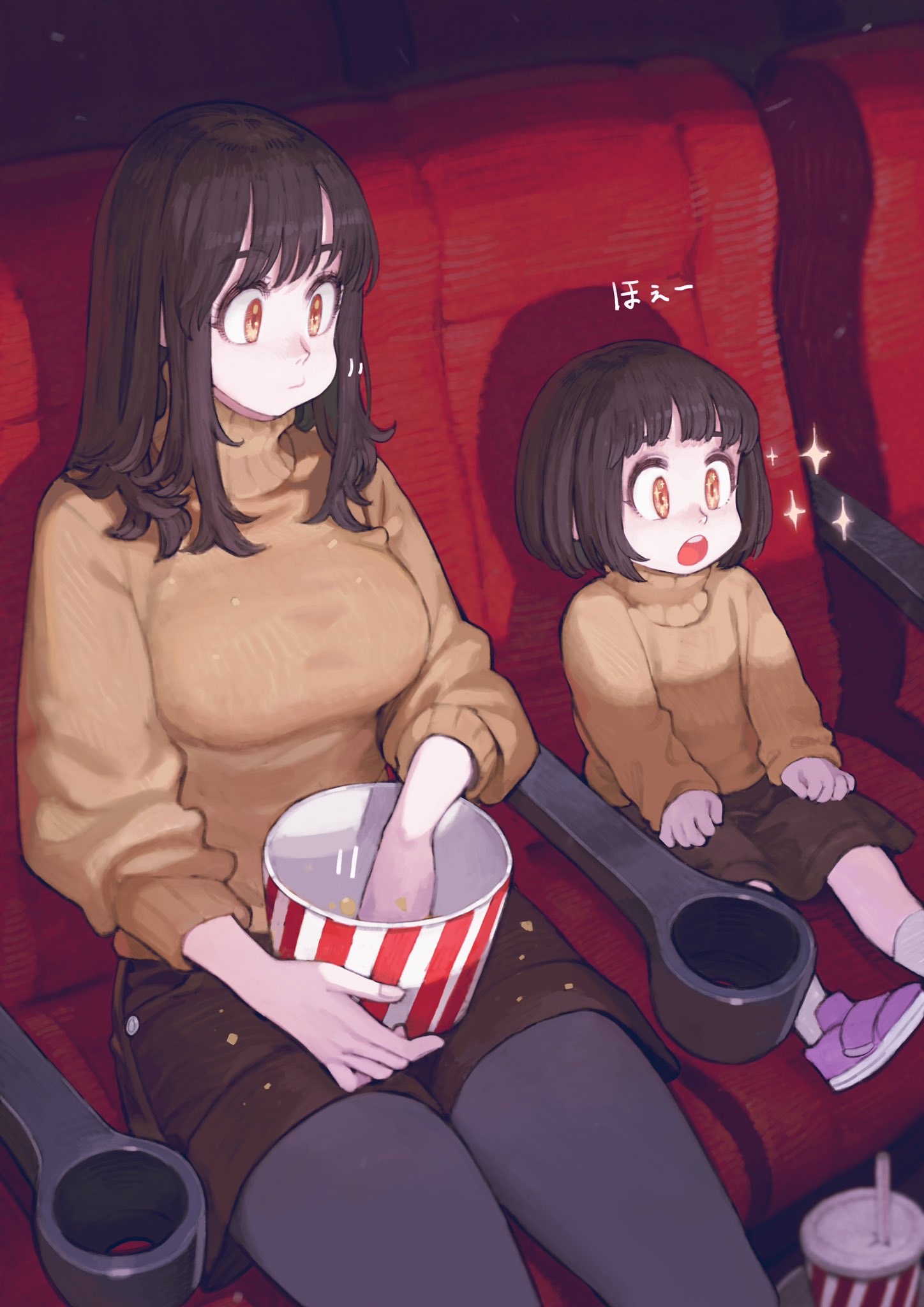 2girls black_hair black_legwear breasts brown_skirt bucket chair cup eating highres jun_(seojh1029) long_hair long_sleeves medium_breasts medium_hair movie_theater multiple_girls open_mouth original pantyhose purple_footwear shadow shoes sitting skirt sparkle sweater yellow_eyes yellow_sweater