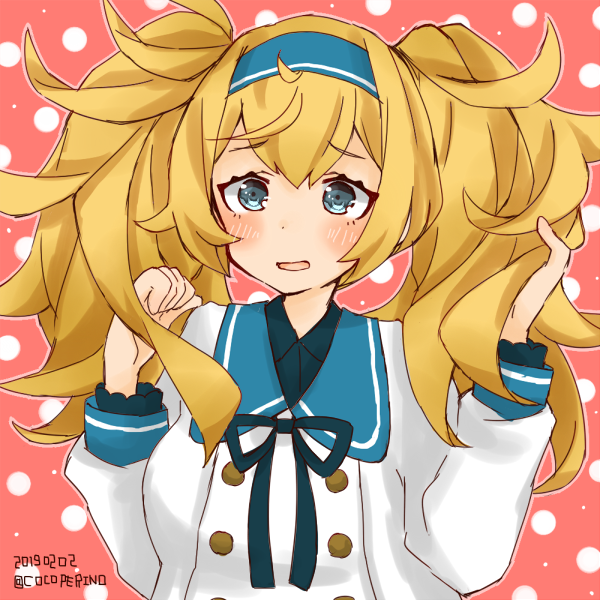 1girl black_ribbon blonde_hair blue_eyes blue_sailor_collar cocoperino dated dress gambier_bay_(kantai_collection) hairband kantai_collection neck_ribbon official_alternate_costume pink_background polka_dot polka_dot_background ribbon sailor_collar sailor_dress solo twintails twitter_username upper_body