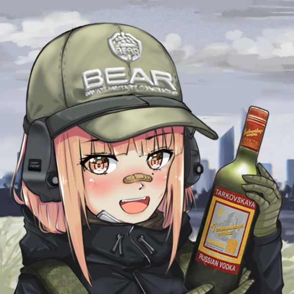 1girl alcohol bandage_on_face bandages bandaid bandaid_on_face baseball_cap bottle cityscape clouds escape_from_tarkov gloves hat headset holding holding_bottle jacket jizi load_bearing_vest looking_at_viewer open_mouth orange_eyes orange_hair plate_carrier smile upper_body vodka