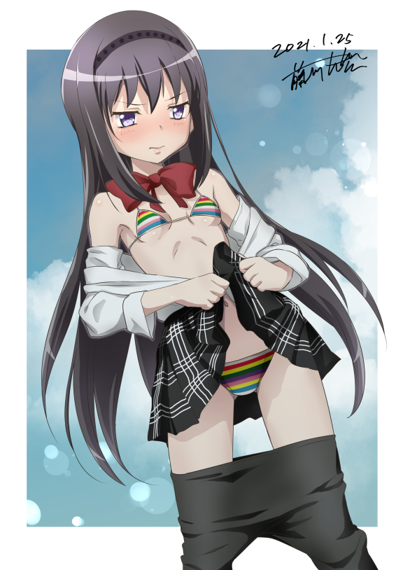 1girl akemi_homura bikini black_hair black_legwear blush border bow bowtie breasts closed_mouth dated embarrassed eyebrows_visible_through_hair from_below fujikawa_daichi hair_ornament hairband lifted_by_self long_hair mahou_shoujo_madoka_magica multicolored multicolored_bikini multicolored_clothes navel pantyhose pantyhose_pull red_neckwear shiny shiny_hair shiny_skin skirt skirt_lift sky small_breasts solo striped striped_bikini swimsuit violet_eyes white_border