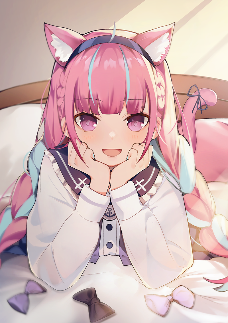 1girl :d animal_ears bangs black_bow black_hairband blue_hair blunt_bangs bow braid cat_ears cat_tail commentary_request eyebrows_visible_through_hair hairband hololive long_hair long_sleeves looking_at_viewer minato_aqua multicolored_hair open_mouth pink_bow pink_eyes pink_hair purple_bow shirt smile solo tail twin_braids two-tone_hair virtual_youtuber white_shirt xoaiu