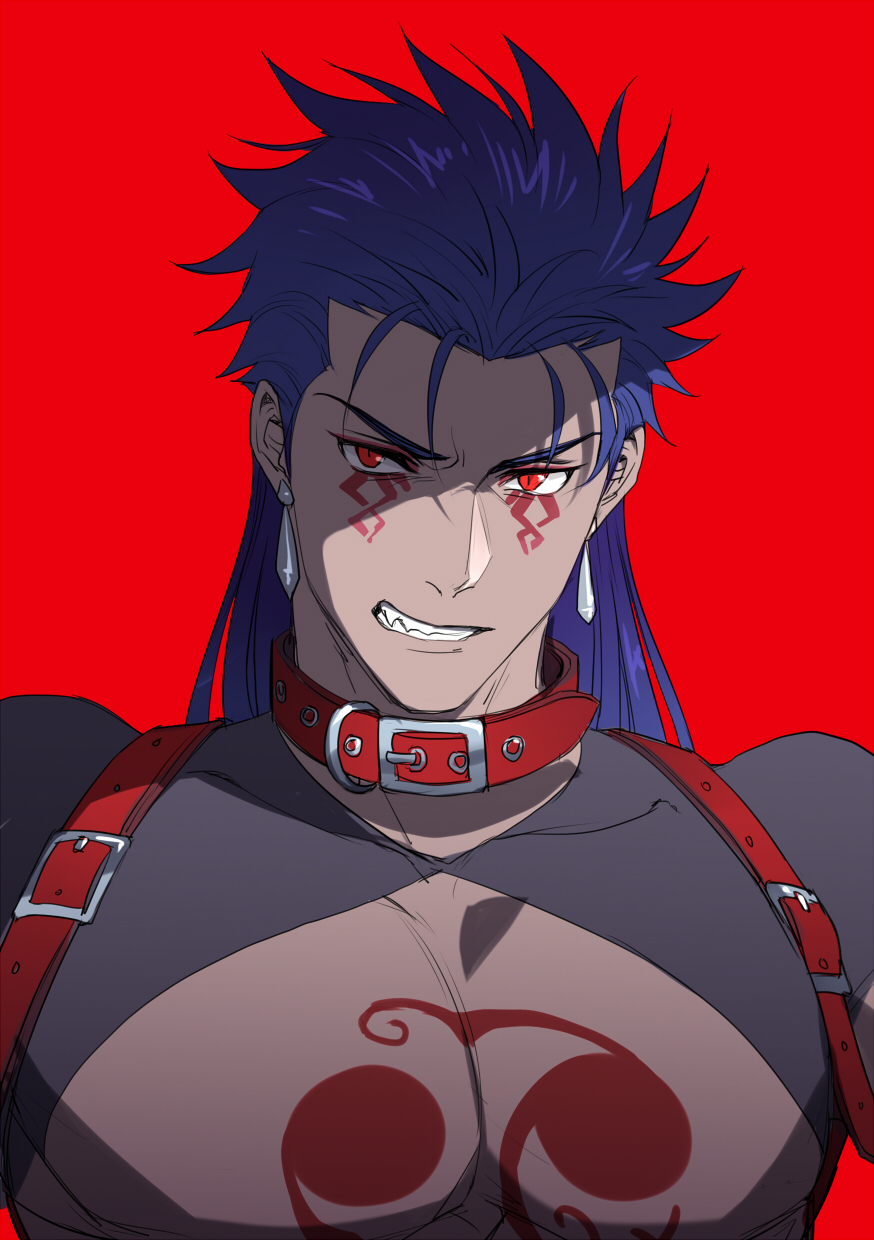 1boy angry blue_hair bodypaint closed_mouth collar cu_chulainn_(fate)_(all) cu_chulainn_alter_(fate/grand_order) dark_blue_hair dark_persona earrings eilinna facepaint fang fate/grand_order fate_(series) hair_down highres jewelry long_hair male_focus pectorals red_background red_eyes simple_background slit_pupils solo spiky_hair
