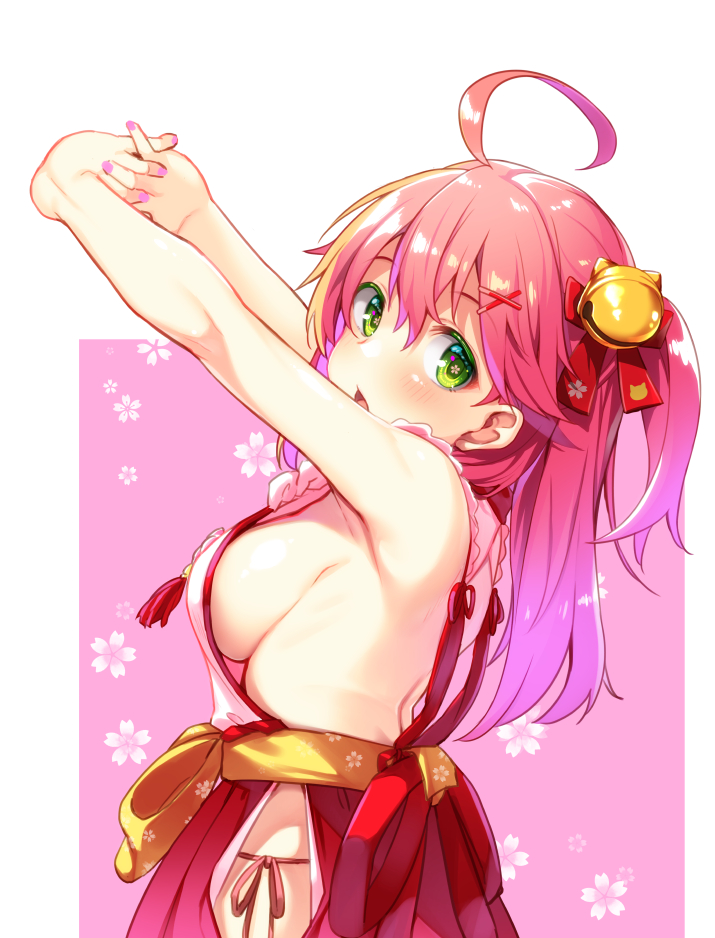 1girl :o ahoge arms_up bell breasts commentary_request dodome-iro_mayonnaise floral_background flower-shaped_pupils from_side green_eyes hair_bell hair_ornament hololive interlocked_fingers long_hair looking_at_viewer medium_breasts nail_polish nontraditional_miko one_side_up pink_background pink_hair pink_nails sakura_miko sideboob solo stretch two-tone_background upper_body white_background x_hair_ornament