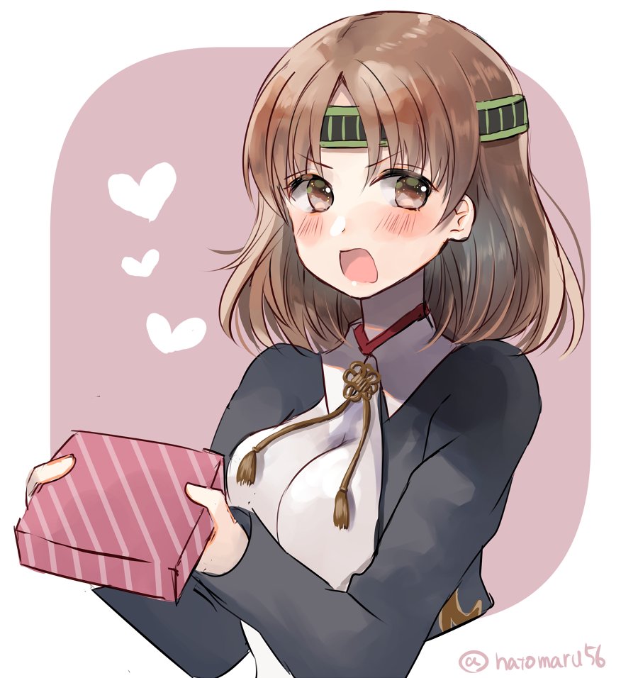 1girl blouse box breasts brown_eyes brown_hair chiyoda_(kantai_collection) hatomaru_(hatomaru56) headband japanese_clothes kantai_collection large_breasts looking_at_viewer open_mouth short_hair solo twitter_username two-tone_background upper_body