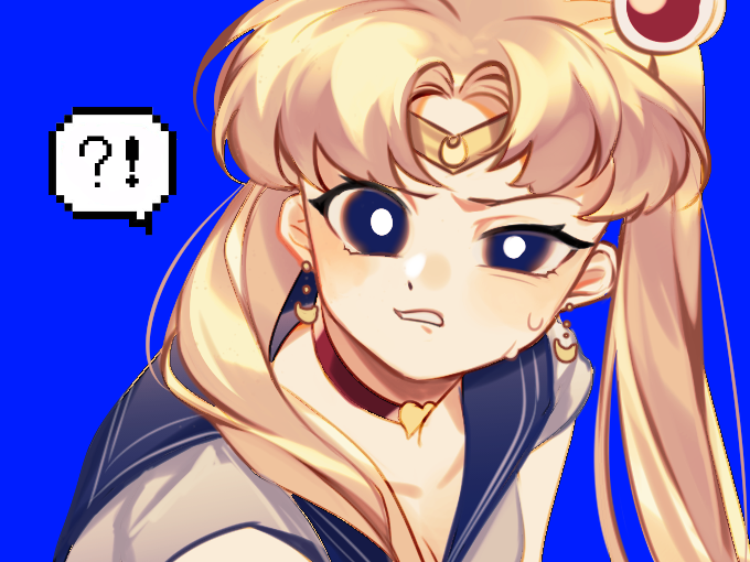 !? bangs bishoujo_senshi_sailor_moon blonde_hair blue_background blue_eyes blue_sailor_collar bright_pupils choker crescent crescent_earrings derivative_work diadem earrings hair_over_shoulder heart heart_choker jewelry long_hair looking_at_viewer parted_bangs sailor_collar sailor_moon sailor_moon_redraw_challenge screencap_redraw simple_background ssbaby tsukino_usagi twintails white_pupils