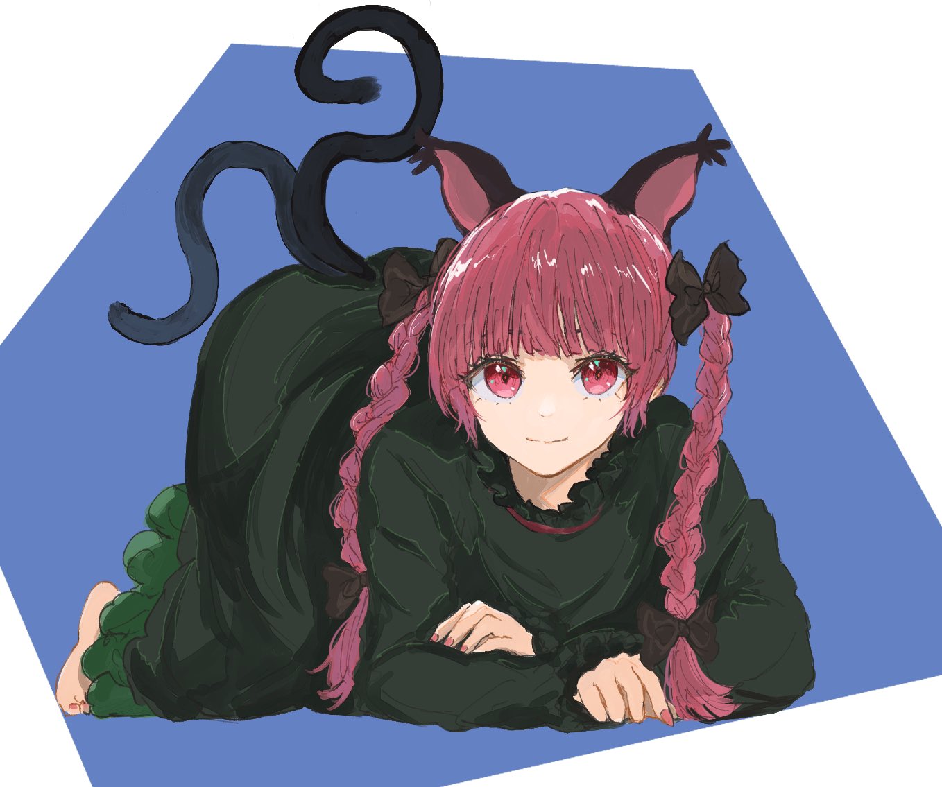 1girl animal_ears barefoot blue_background blunt_bangs braid cat_ears cat_tail closed_mouth dress extra_ears eyebrows_hidden_by_hair frills full_body green_dress kaenbyou_rin kashiwada_kiiho light_smile long_hair long_sleeves looking_at_viewer multiple_tails nail_polish nekomata red_eyes red_nails redhead simple_background solo tail toenail_polish toenails top-down_bottom-up touhou twin_braids two_tails