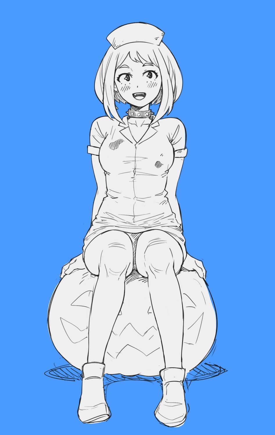 1girl :d arm_support bangs blue_background blush boku_no_hero_academia breasts collar commentary dress fangs full_body hat highres large_breasts looking_at_viewer monochrome nurse open_mouth panties pantyhose pumpkin shoes short_dress short_hair short_sleeves simple_background sitting smile solo suoiresnu underwear uraraka_ochako