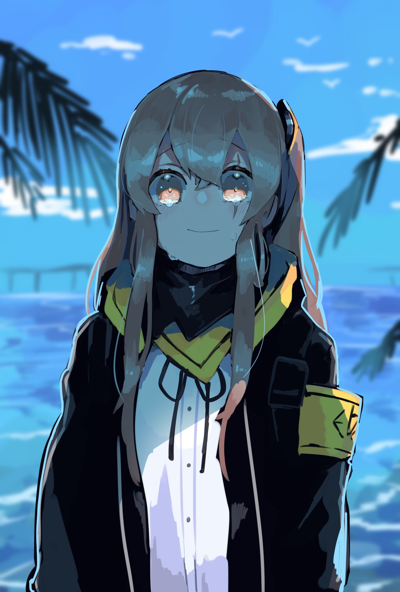 1girl armband bangs black_jacket brown_eyes brown_hair clouds commentary_request crying crying_with_eyes_open day girls_frontline hair_between_eyes highres jacket light_smile long_hair looking_at_viewer ocean one_side_up open_clothes open_jacket outdoors palm_tree scar scar_across_eye scarf sena_yuuta shade shirt sidelocks sky solo tears tree ump45_(girls_frontline) upper_body water white_shirt
