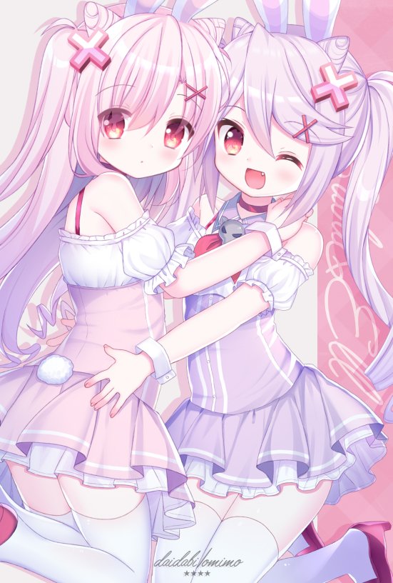 2girls :o ;d animal_ears bare_shoulders blush bunny_tail commentary_request d_omm dress dutch_angle eyebrows_visible_through_hair eyes_visible_through_hair facing_another fang feet_out_of_frame hair_between_eyes hair_ornament hug long_hair looking_at_viewer multiple_girls off-shoulder_shirt off_shoulder one_eye_closed open_mouth original petticoat pink_dress pink_hair puffy_short_sleeves puffy_sleeves purple_dress rabbit_ears red_eyes shirt short_sleeves signature silver_hair smile star_(symbol) tail thigh-highs twintails very_long_hair white_legwear wrist_cuffs x_hair_ornament yuri
