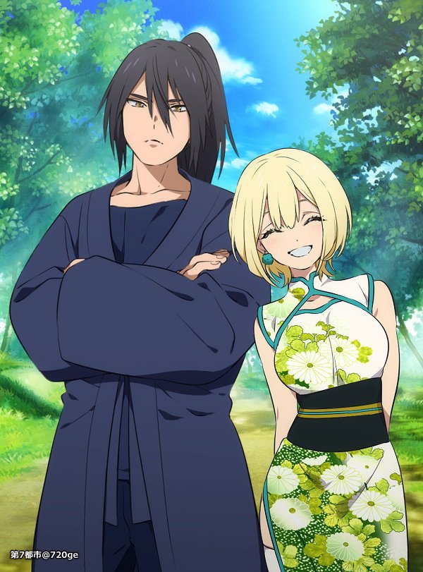 1672 1boy 1girl black_hair blonde_hair blue_sky china_dress chinese_clothes closed_mouth crossed_arms double_cross_(f.e.a.r.) dress earrings height_difference high_ponytail jewelry leaning_over long_hair outdoors purple_hair sky smile sugaru_(double_cross) tree zazan_seishu