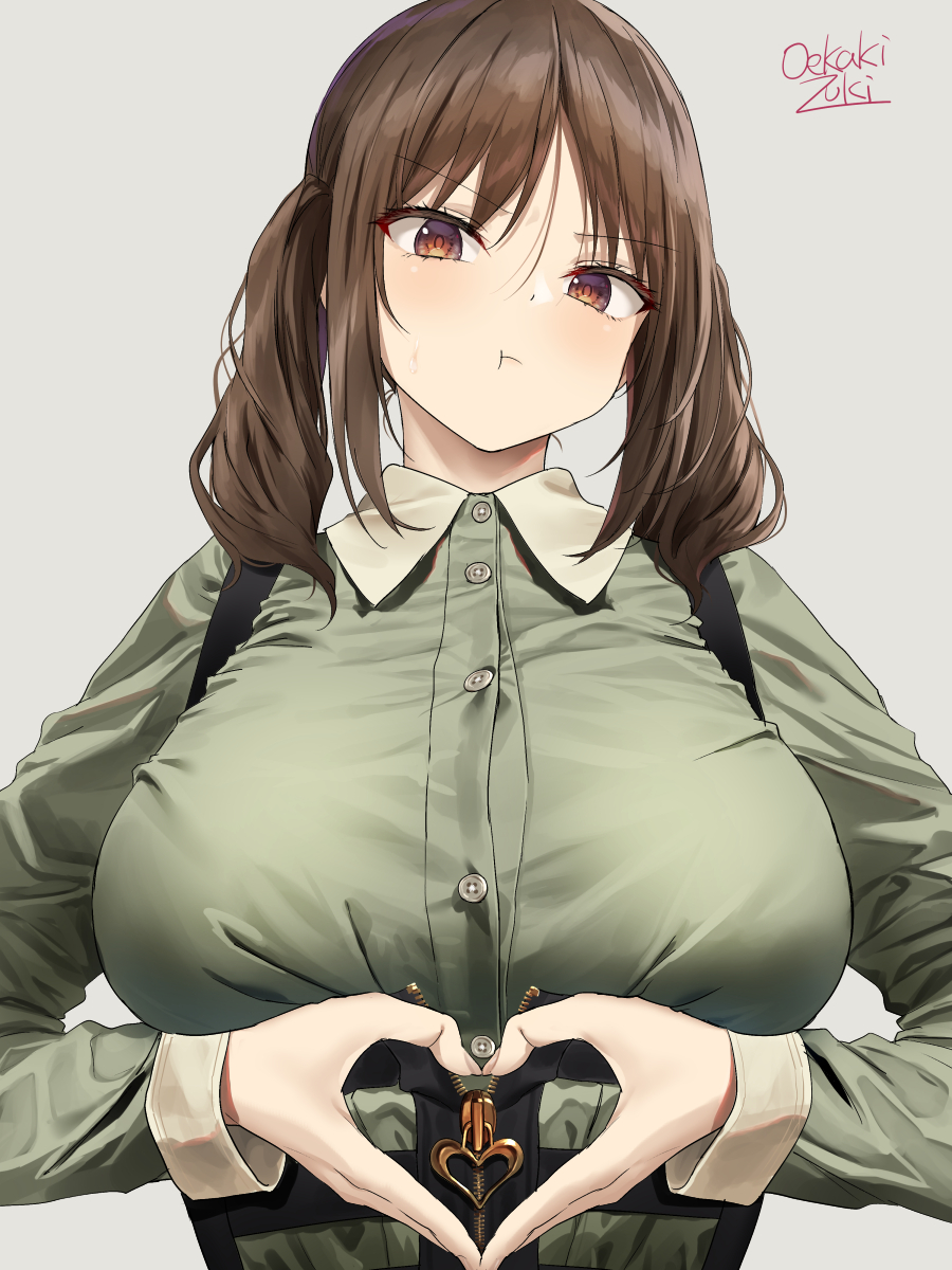 1girl artist_name bangs blush breasts brown_hair commentary_request eyebrows_visible_through_hair green_shirt heart heart_hands highres large_breasts looking_at_viewer medium_hair oekakizuki original pout shirt solo suspenders sweatdrop twintails zipper zipper_pull_tab