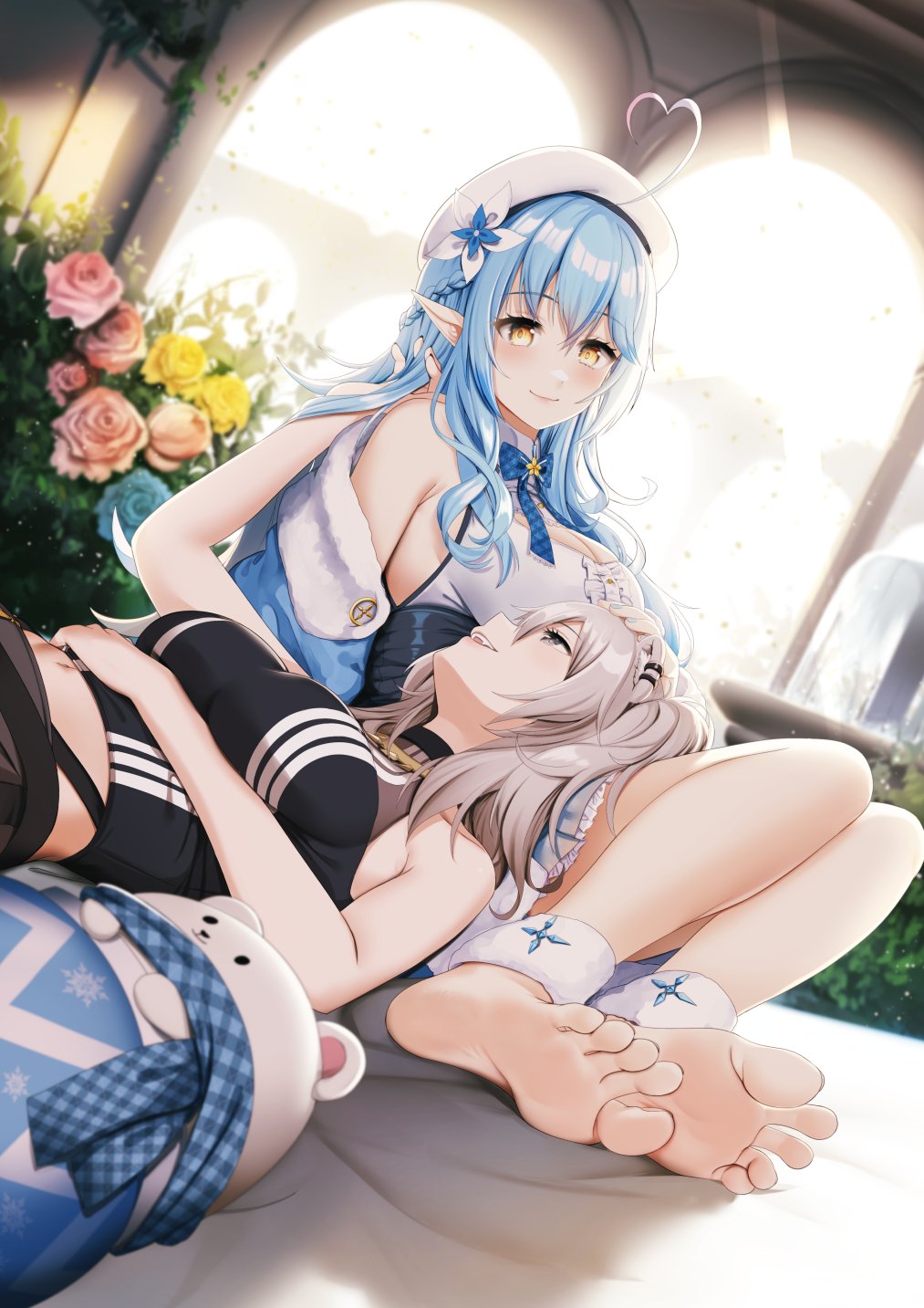 2girls animal_ears barefoot blue_hair casino_(casinoep) ear_piercing feet flower grey_eyes grey_hair hand_on_another's_head hat highres hololive lap_pillow lion_ears multiple_girls piercing rose shishiro_botan soles stuffed_animal stuffed_toy toes yellow_eyes yukihana_lamy