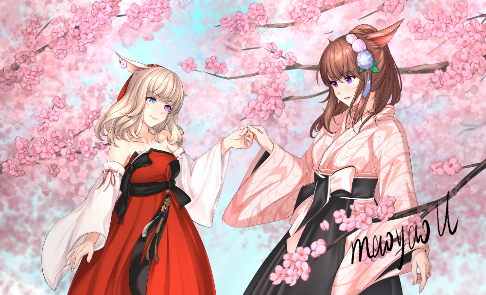 2girls animal_ears blonde_hair blue_eyes brown_eyes brown_hair cherry_blossoms detached_sleeves final_fantasy final_fantasy_xiv heterochromia holding_hands japanese_clothes looking_at_another maoyao-ll miqo'te multiple_girls outdoors purple_hair signature standing tree