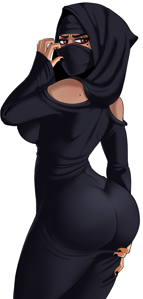 ass black_dress brown_eyes dark_skin dark-skinned_female dress dress_grab eyebrows highres hijab mole mole_on_shoulder mole_under_eye shadman sweat