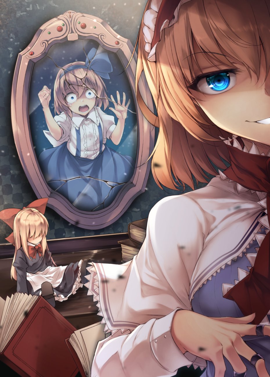 2girls alice_margatroid alice_margatroid_(pc-98) blonde_hair blue_eyes blue_hairband blue_skirt book broken_glass capelet center_frills collared_shirt crying doll doll_joints eyebrows_visible_through_hair frilled_hairband frills glass hair_between_eyes hairband highres indoors joints lolita_hairband looking_at_another looking_at_viewer midori_(misuriru8) mirror multiple_girls open_mouth red_hairband red_scarf scarf shanghai_doll shirt short_hair short_sleeves skirt smile stuck suspenders touhou v-shaped_eyebrows white_capelet white_shirt