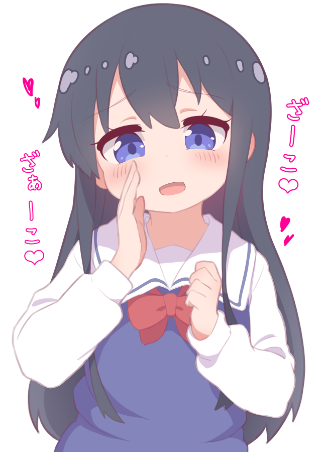 1girl :d bangs black_hair blue_dress blue_eyes blush bow commentary_request dress eyebrows_visible_through_hair hands_up hatafuta heart long_hair long_sleeves looking_at_viewer necktie open_mouth red_bow red_neckwear sailor_collar sailor_dress school_uniform shirosaki_hana shirt simple_background smile solo translation_request upper_body watashi_ni_tenshi_ga_maiorita! white_background white_sailor_collar white_shirt