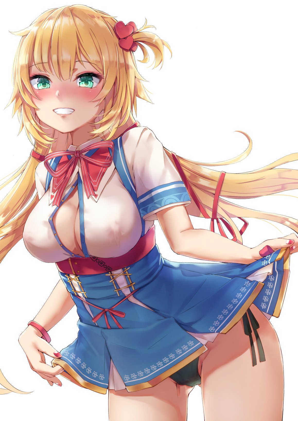 1girl :d akai_haato aqua_eyes ass_visible_through_thighs black_panties blonde_hair blue_eyes blush bracelet breasts covered_nipples full-face_blush funyariko grin hair_ornament hair_ribbon heart heart_hair_ornament highres hololive jewelry large_breasts long_hair nail_polish no_bra open_clothes open_mouth open_shirt panties ribbon short_sleeves side-tie_panties simple_background skirt skirt_lift smile solo underwear