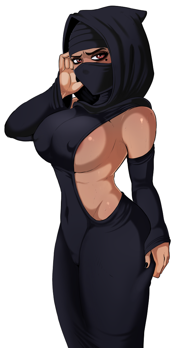 black_dress breasts brown_eyes covered_nipples dark_skin dark-skinned_female dress hijab hood large_breasts mole mole_under_eye shadman sweat