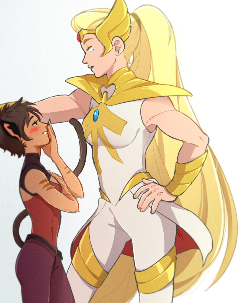 2girls animal_ears blonde_hair blue_eyes blush brown_hair cat_ears cat_girl cat_tail catra earrings hand_on_hip jewelry long_hair masters_of_the_universe multiple_girls omy-chan parted_lips she-ra she-ra_and_the_princesses_of_power tail teeth tiara very_long_hair wall_slam yuri