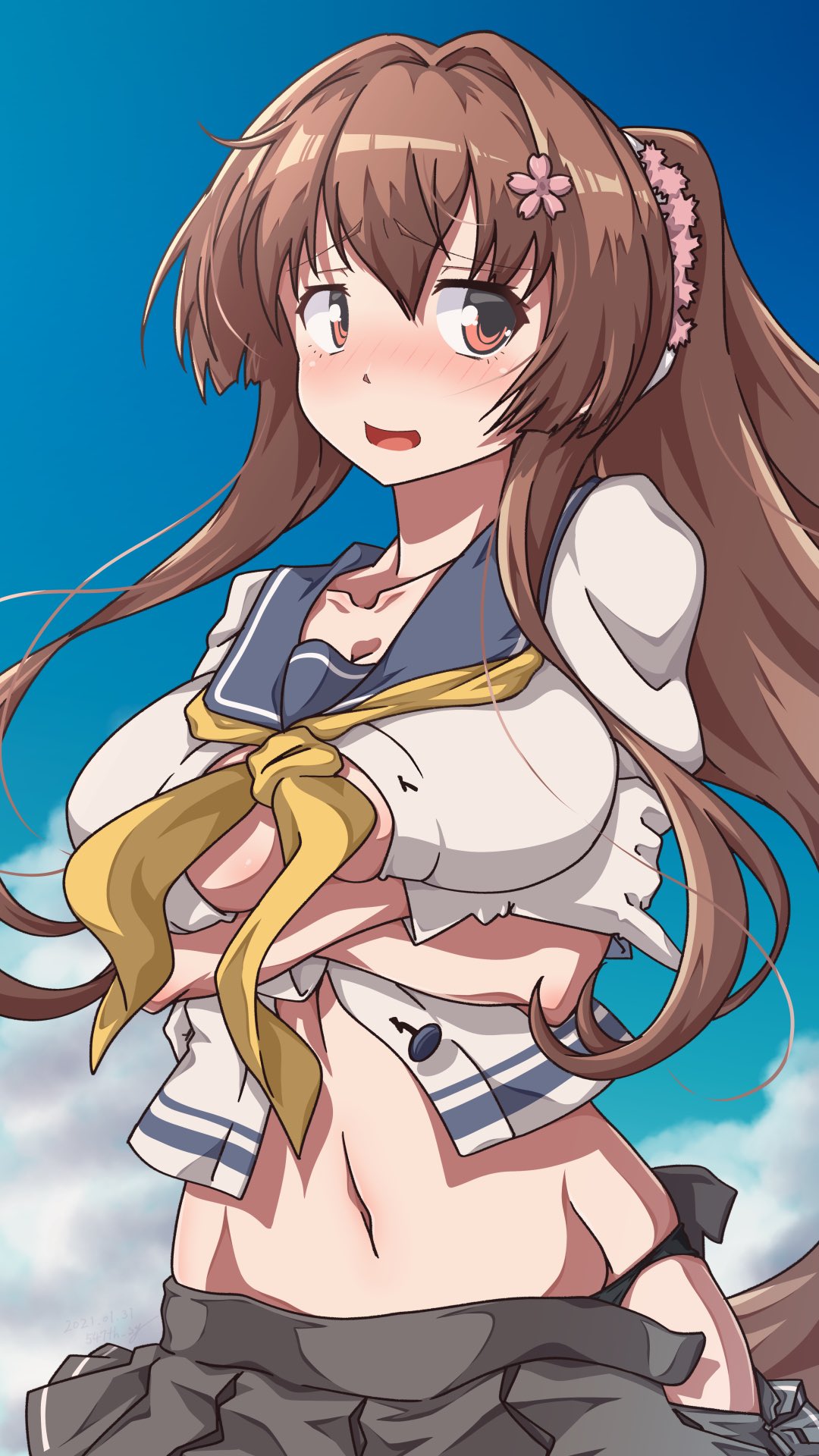 1girl 547th_sy arms_under_breasts bangs black_panties blue_sailor_collar blush breasts brown_eyes brown_hair clouds cosplay crossed_arms day eyebrows_visible_through_hair flower grey_skirt hair_flower hair_ornament highres kagerou_(kancolle) kagerou_(kancolle)_(cosplay) kantai_collection large_breasts long_hair navel neckerchief open_mouth outdoors panties ponytail sailor_collar school_uniform serafuku short_sleeves skirt sky solo torn_clothes underwear yamato_(kantai_collection) yellow_neckwear