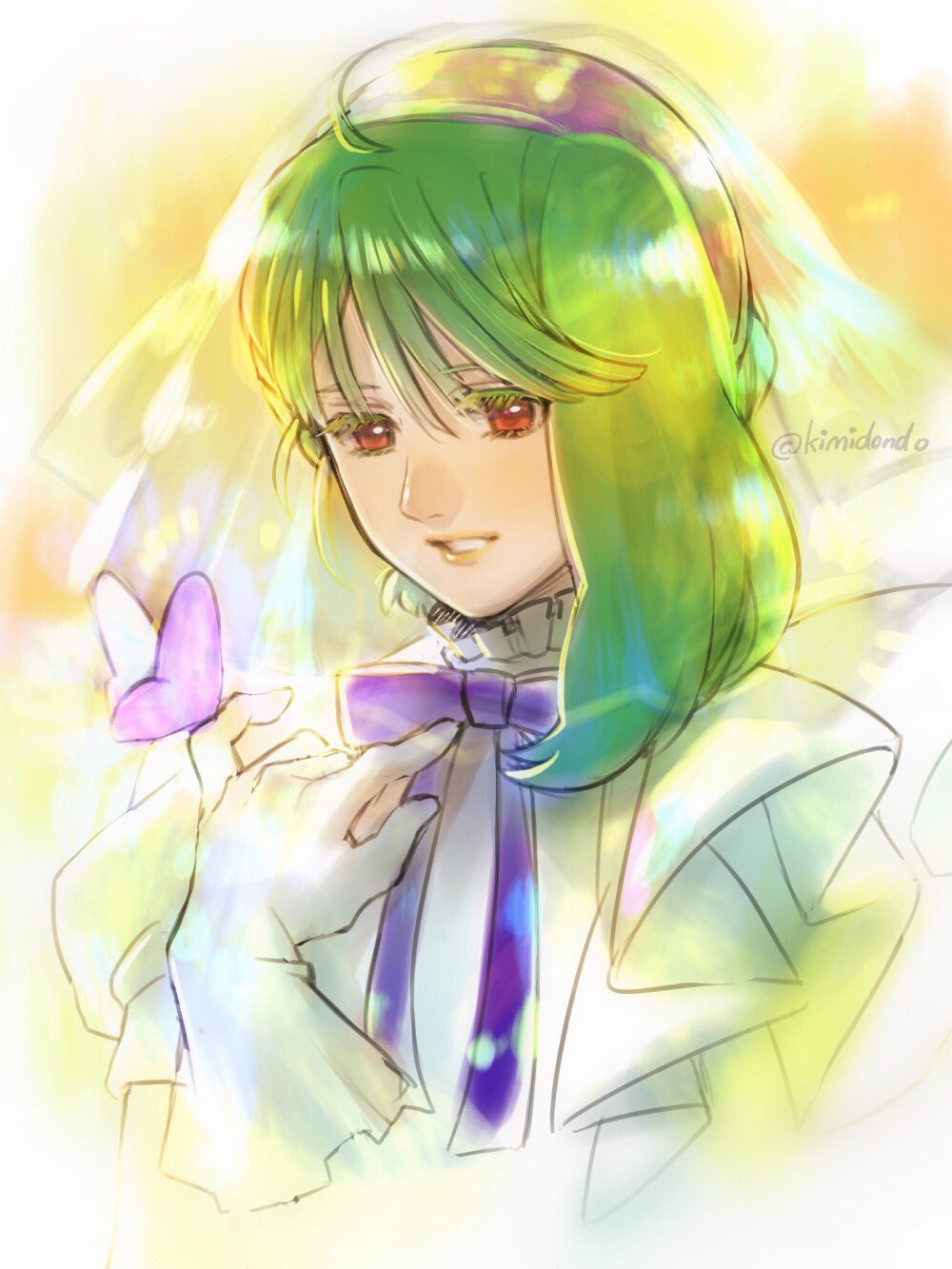 1girl \m/ bangs bow bug butterfly butterfly_on_finger cowlick eyebrows_behind_hair gloves green_hair highres insect kimidori_(kimidoriri) looking_down macross macross_frontier macross_frontier:_toki_no_meikyu parted_lips purple_bow purple_butterfly ranka_lee red_eyes solo twitter_username upper_body veil white_gloves