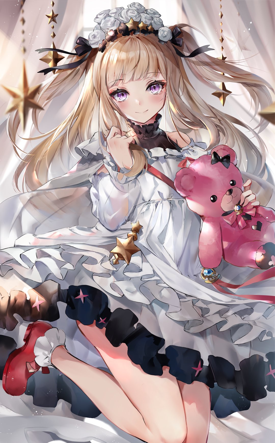 1girl bangs bare_shoulders blonde_hair blush breasts cagliostro_(granblue_fantasy) closed_mouth dress granblue_fantasy highres hinahino ll_0109 long_hair long_sleeves looking_at_viewer red_footwear small_breasts smile stuffed_animal stuffed_toy teddy_bear thighs two_side_up very_long_hair violet_eyes white_dress