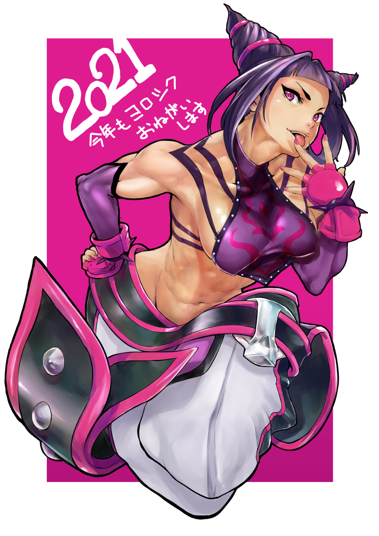 1girl 2021 abs baggy_pants belt biceps black_hair bokkusu border bracelet breasts chinese_clothes commentary_request detached_sleeves drill_hair dudou finger_licking fingerless_gloves gloves han_juri jewelry large_breasts licking multiple_belts muscular muscular_female outside_border pants pink_background short_hair sideboob solo spiked_bracelet spikes street_fighter street_fighter_iv_(series) tongue tongue_out twin_drills upper_teeth violet_eyes white_border
