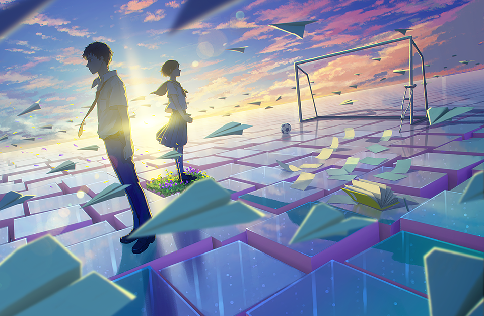 1boy 1girl backlighting ball blurry bokeh book clouds commentary crutch cube depth_of_field dutch_angle flower goal hiko_(scape) horizon lens_flare looking_away necktie original paper_airplane scenery school_uniform serafuku short_hair sky soccer_ball sunlight sunset surreal wind