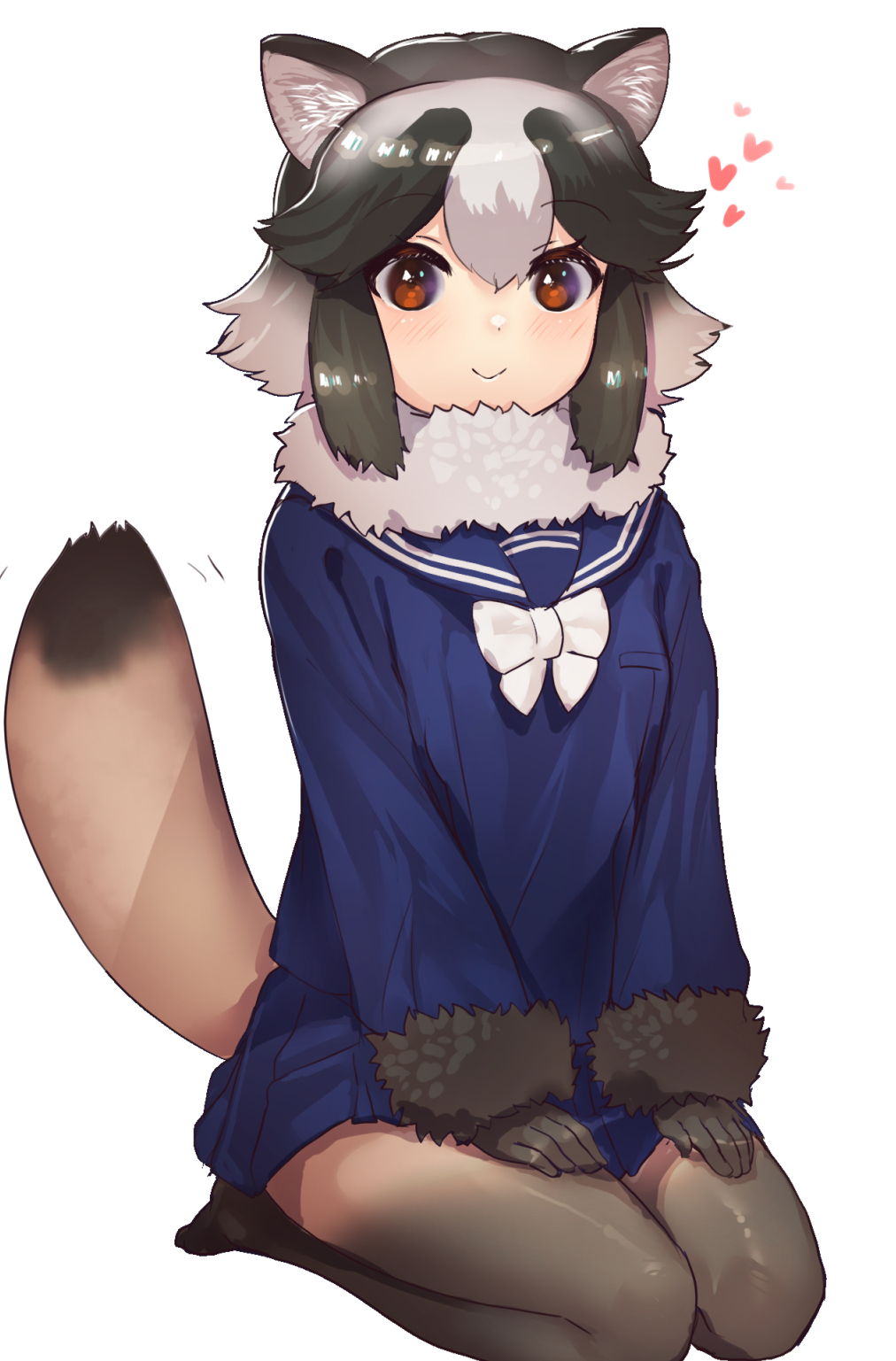 1girl animal_ears black_legwear blue_skirt blue_sweater blush bow bowtie brown_eyes brown_fur brown_gloves brown_hair brown_legwear commentary_request eyebrows_visible_through_hair fur_collar fur_trim gloves gradient gradient_legwear heart highres kemono_friends long_sleeves looking_at_viewer multicolored_hair no_shoes pantyhose pleated_skirt raccoon_ears raccoon_girl raccoon_tail sailor_collar school_uniform seiza serafuku short_hair sitting skirt smile solo sweater tadano_magu tail tanuki_(kemono_friends) two-tone_hair white_fur white_hair white_neckwear