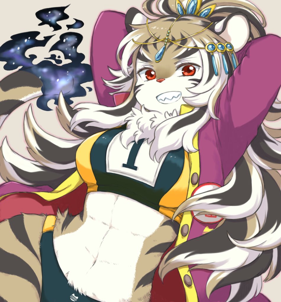 1girl :d animal_ears animal_nose arms_behind_head beige_fur black_fur black_hair body_fur breasts brown_fur brown_hair commentary durga_(tokyo_houkago_summoners) furry large_breasts long_hair looking_at_viewer multicolored_hair navel open_mouth red_eyes sharp_teeth simple_background smile solo streaked_hair striped_fur summon_lw tail teeth tiger tiger_ears tiger_girl tiger_tail tokyo_houkago_summoners white_hair