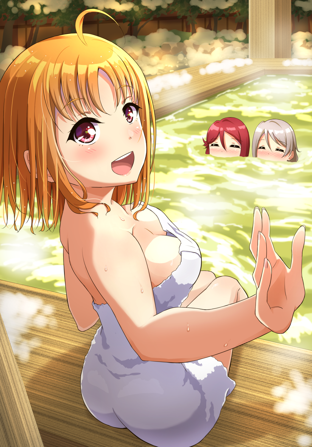 3girls :d ahoge arm_up bangs blush breasts covered_mouth eyebrows_visible_through_hair facing_away highres hot_springs in_water large_breasts looking_at_viewer looking_back love_live! love_live!_sunshine!! multiple_girls naked_towel onsen open_mouth orange_hair outdoors qy red_eyes sakurauchi_riko short_hair sitting smile snow steam takami_chika tongue towel upper_teeth watanabe_you wet wooden_floor
