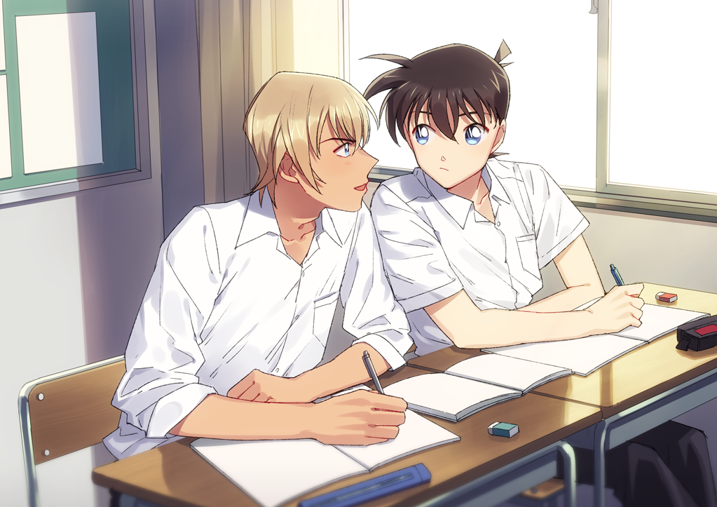 2boys :d amuro_tooru bangs black_pants blonde_hair blue_eyes blurry blush brown_hair buttons chair classroom closed_mouth collared_shirt commentary_request curtains depth_of_field desk dress_shirt eraser eye_contact hair_between_eyes holding holding_pencil indoors k_(gear_labo) kudou_shin'ichi looking_at_another male_focus mechanical_pencil meitantei_conan multiple_boys notebook on_chair open_mouth pants pencil school_chair school_desk school_uniform shirt short_hair short_sleeves sitting sleeves_rolled_up smile what_if white_shirt window