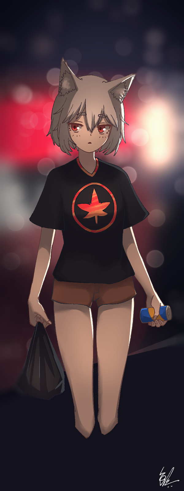 1641_(chfhrtor94) animal_ears bag black_shirt blush brown_shorts can contemporary highres holding holding_bag holding_can inubashiri_momiji leaf light_blush looking_at_viewer maple_leaf open_mouth red_eyes shirt short_hair shorts signature t-shirt touhou white_hair wolf_ears