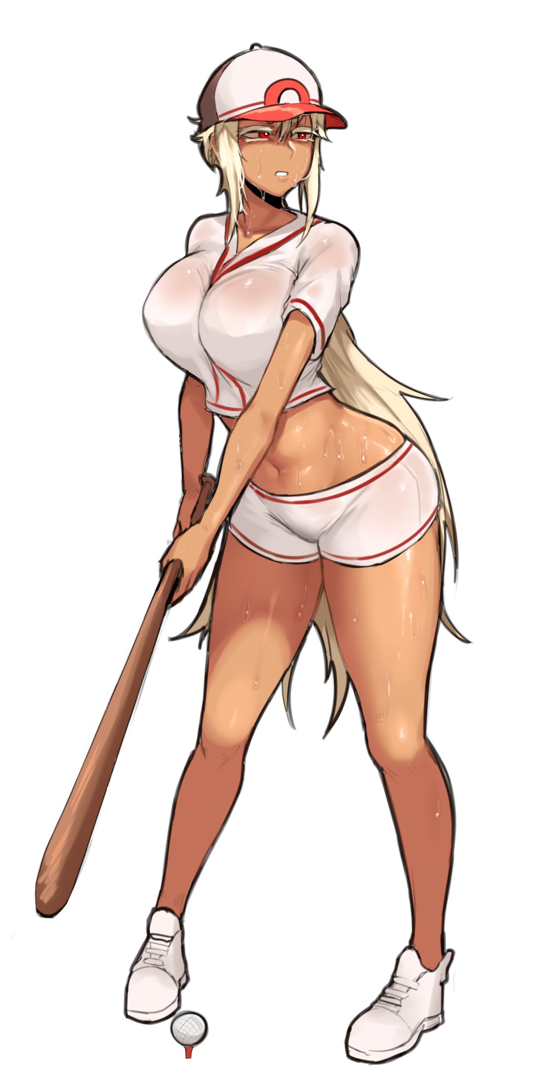 1girl baseball_bat blonde_hair breasts collarbone colored_eyelashes full_body highres impossible_clothes impossible_shirt large_breasts long_hair navel nyxkz original parted_lips red_eyes shirt simple_background solo sportswear sweat tennis_uniform very_long_hair white_background