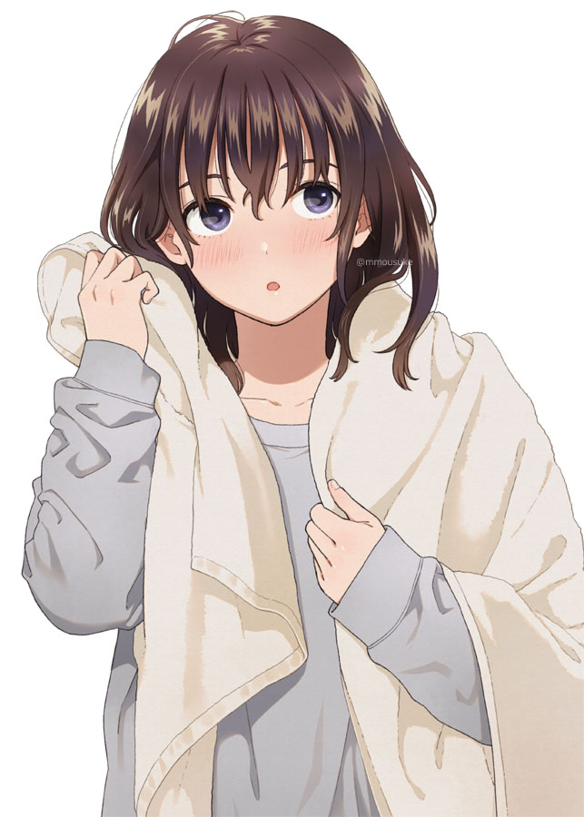 1girl :o bangs blush brown_hair collarbone eyebrows_behind_hair grey_shirt hair_between_eyes hand_up long_sleeves mattaku_mousuke original parted_lips shirt simple_background sleeves_past_wrists solo towel twitter_username upper_body violet_eyes white_background