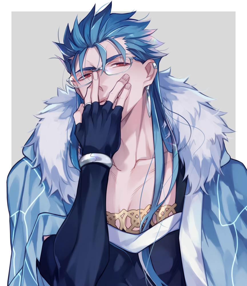 1boy bespectacled blue_hair bracelet cape collarbone cu_chulainn_(fate)_(all) cu_chulainn_(fate/grand_order) earrings elbow_gloves fate/grand_order fate_(series) fingerless_gloves fur-trimmed_hood fur_trim glasses gloves hand_on_own_face hood hood_down hooded_cape jewelry long_hair looking_at_viewer male_focus multiple_piercings red_eyes simple_background skin_tight solo spiky_hair x-r5xxxlove