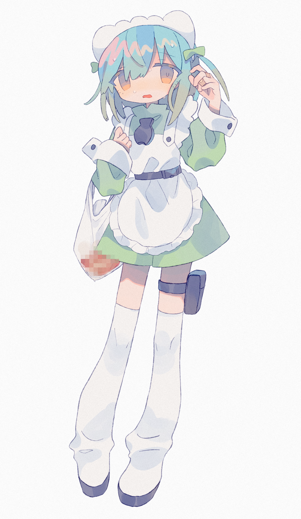 1girl apron aqua_hair arm_up bag bandaid bandaid_on_hand bangs belt black_belt black_neckwear boots bow censored clenched_hand contrapposto curled_fingers d: daizu_(melon-lemon) eyes_visible_through_hair film_grain frilled_apron frilled_hairband frills full_body gradient_eyes gradient_hair green_bow grey_background hair_between_eyes hair_bow hairband hand_up high_collar highres holding holding_bag long_sleeves looking_at_viewer medium_hair mosaic_censoring multicolored multicolored_eyes multicolored_hair necktie no_nose open_mouth orange_eyes original parted_lips plastic_bag puffy_long_sleeves puffy_sleeves short_necktie simple_background sleeve_cuffs solo standing sweat thigh-highs thigh_boots two-tone_hair two_side_up white_apron white_footwear white_hairband