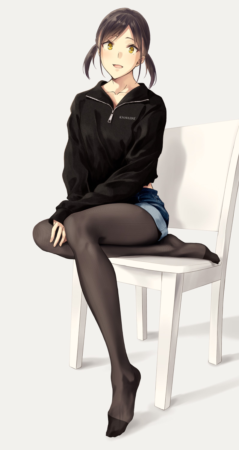 1girl :d bangs black_legwear black_sweater blush brown_hair chair collarbone commentary_request denim denim_shorts eyebrows_visible_through_hair full_body grey_background highres hiwatari_rin legwear_under_shorts long_sleeves looking_at_viewer low_twintails no_shoes open_mouth original pantyhose parted_bangs revision short_hair short_twintails shorts simple_background sitting sleeves_past_wrists smile solo sweater twintails unzipped yellow_eyes zipper_pull_tab