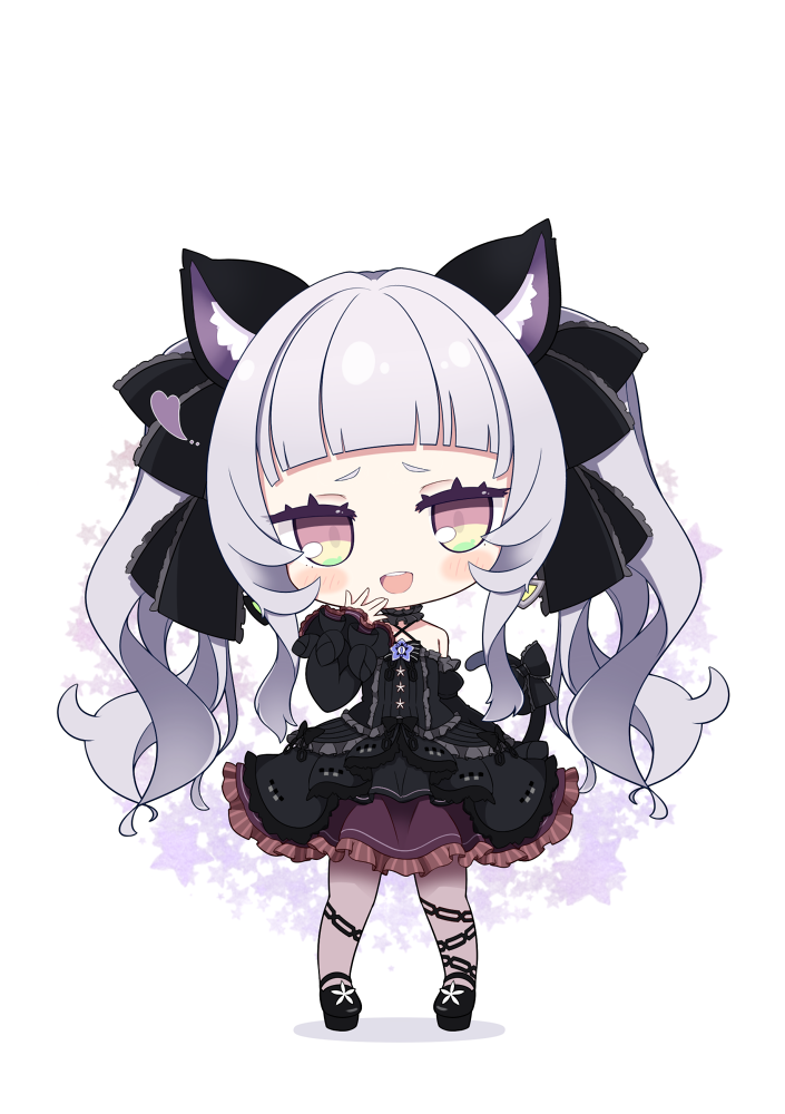 1girl :d animal_ears bangs black_dress black_footwear black_sleeves blunt_bangs blush bow brooch cat_ears cat_girl cat_tail center_frills chain_print chibi choker cocozasa commentary_request criss-cross_halter detached_sleeves dress dress_bow earrings frilled_choker frilled_dress frilled_ribbon frills full_body gothic_lolita grey_legwear hair_ribbon halter_dress halterneck hololive jewelry juliet_sleeves layered_dress lolita_fashion long_hair long_sleeves looking_at_viewer mary_janes murasaki_shion open_mouth pantyhose pinstripe_dress print_legwear puffy_sleeves ribbon shoes short_dress short_eyebrows sidelocks silver_hair simple_background sleeveless sleeveless_dress smile smug solo star_(symbol) tail tail_bow tail_ornament triangle_earrings twintails upper_teeth virtual_youtuber white_background wide_sleeves yellow_eyes