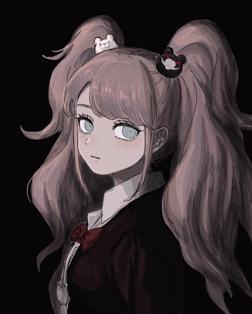 1girl bangs bear_hair_ornament black_background black_shirt blush bow breasts collared_shirt crazy_eyes dangan_ronpa:_trigger_happy_havoc dangan_ronpa_(series) enoshima_junko expressionless from_side grey_eyes hair_ornament highres long_hair long_sleeves looking_at_viewer red_bow renshu_usodayo shirt solo twintails upper_body